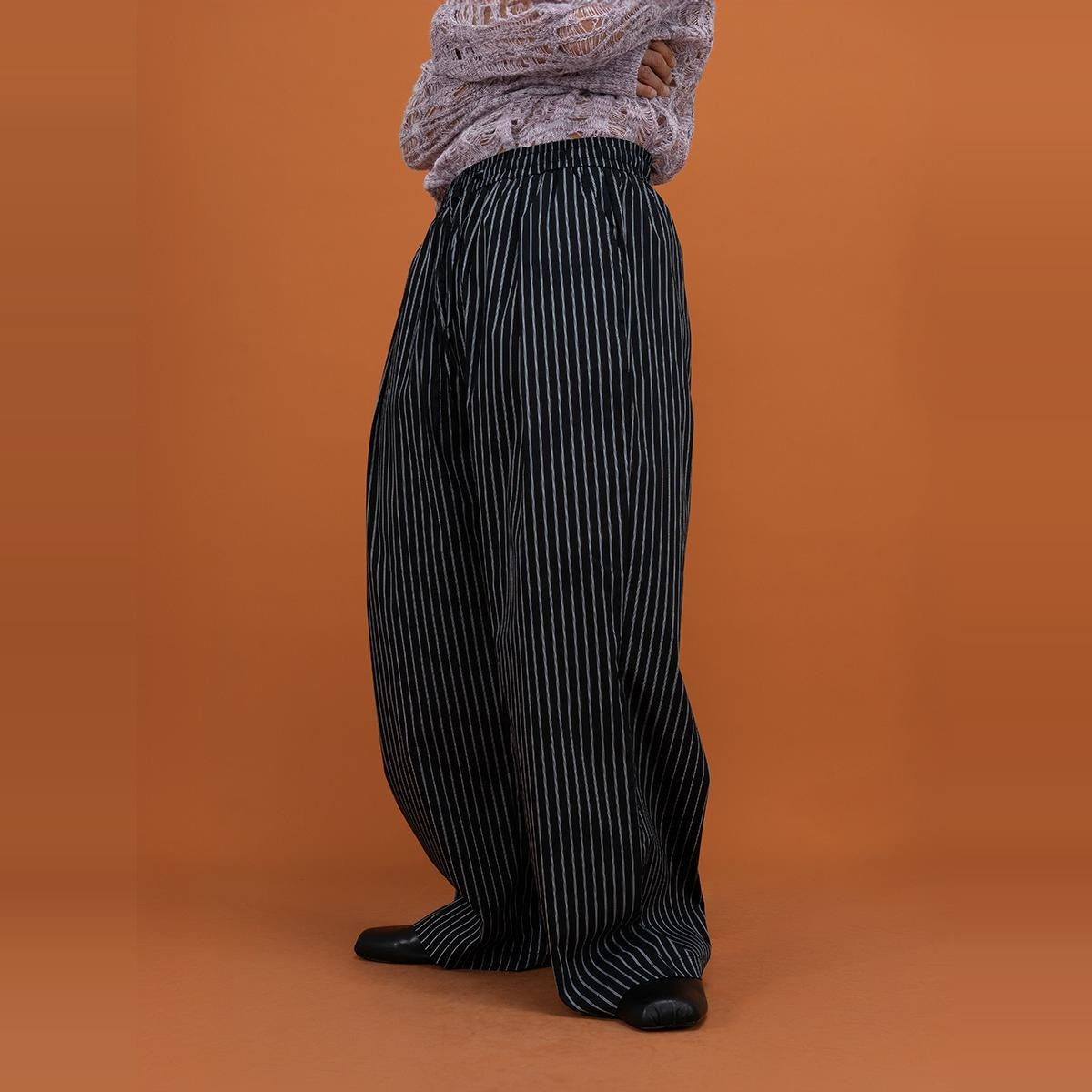 CLP blue and black striped elastic waist drawstring casual pants loose wide-leg straight trousers trendy retro miu pajamas