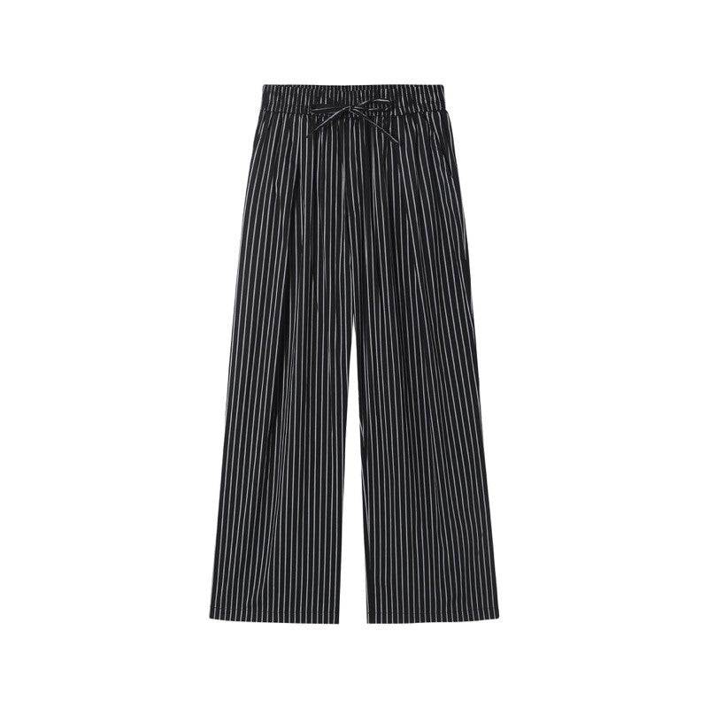 CLP blue and black striped elastic waist drawstring casual pants loose wide-leg straight trousers trendy retro miu pajamas