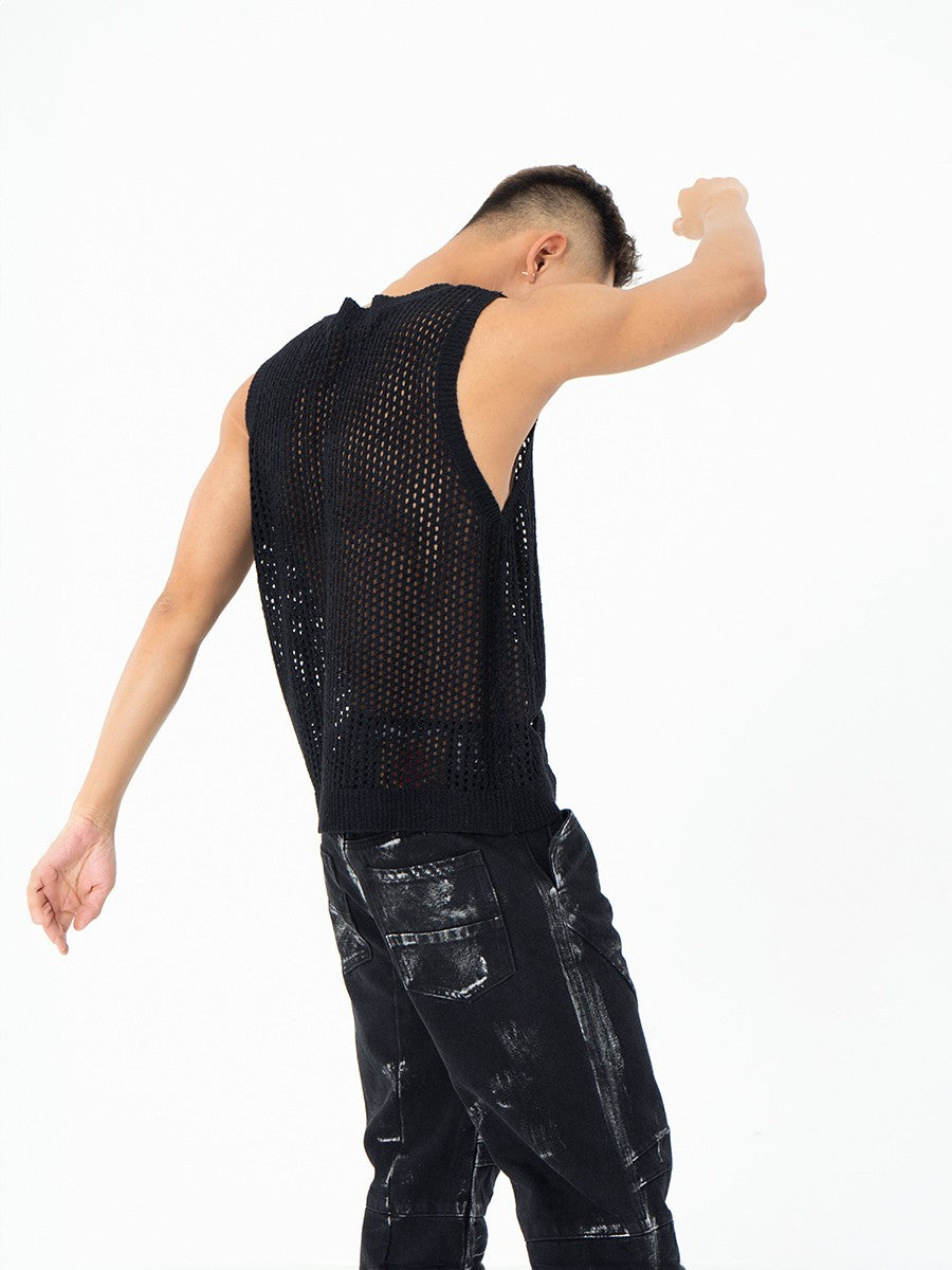 CLP black and gray hollow mesh knitted ribbed vest waistcoat see-through waistcoat sleeveless top layered loose elastic