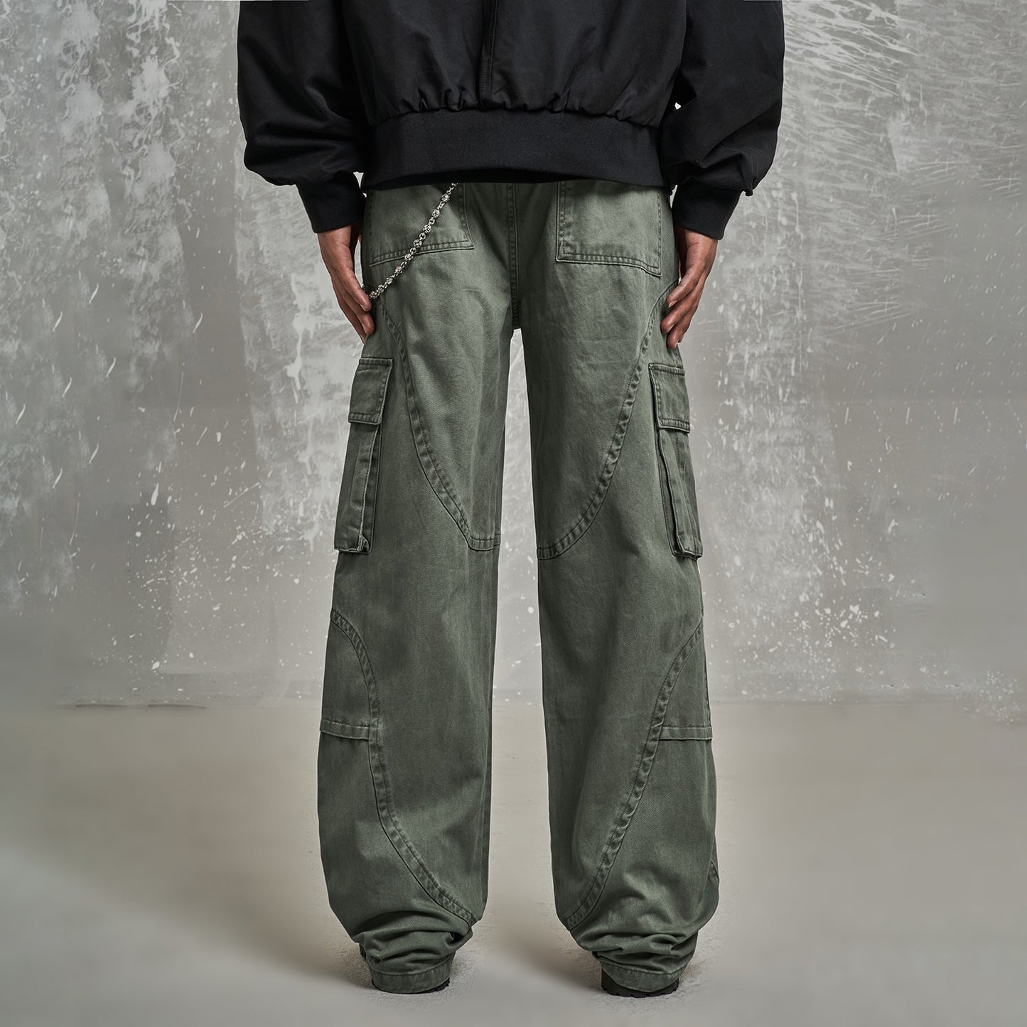 MT99 high street silhouette army green straight wide-leg pants retro loose multi-pocket slim drape overalls trend