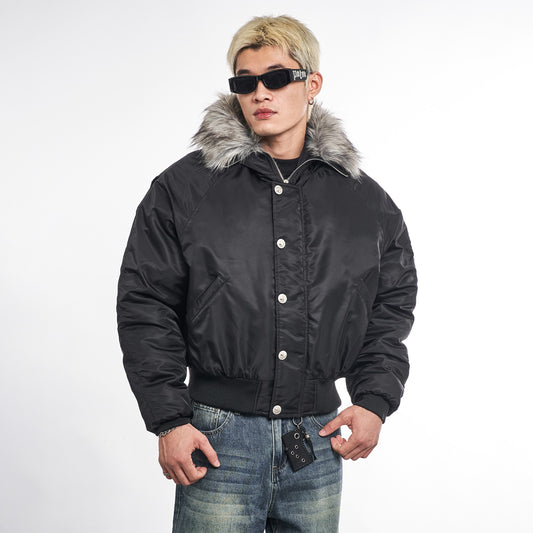 MT99 Winter &quot;wing fur collar&quot; American style cotton jacket warm mountain carving jacket short shiny cotton jacket for men