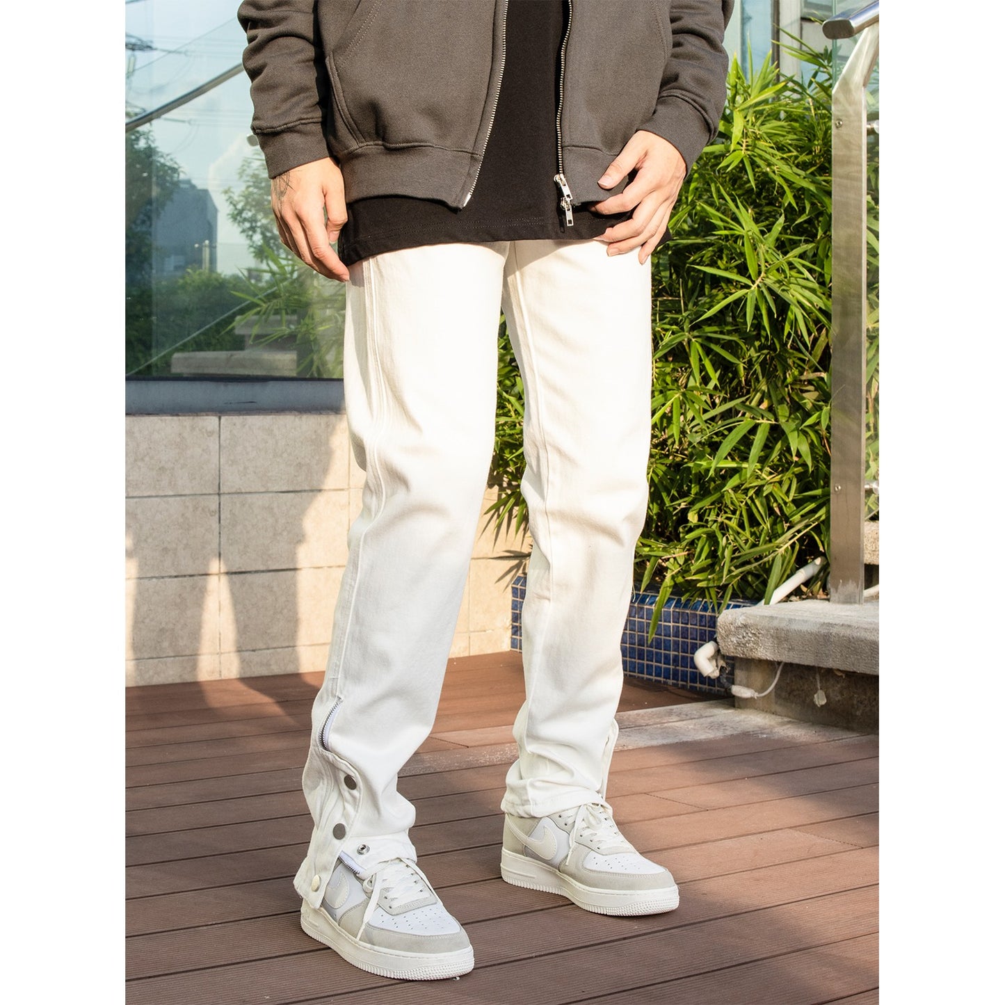 MT99 American high street jeans drape slim button pants trendy street white pants casual straight pants for men