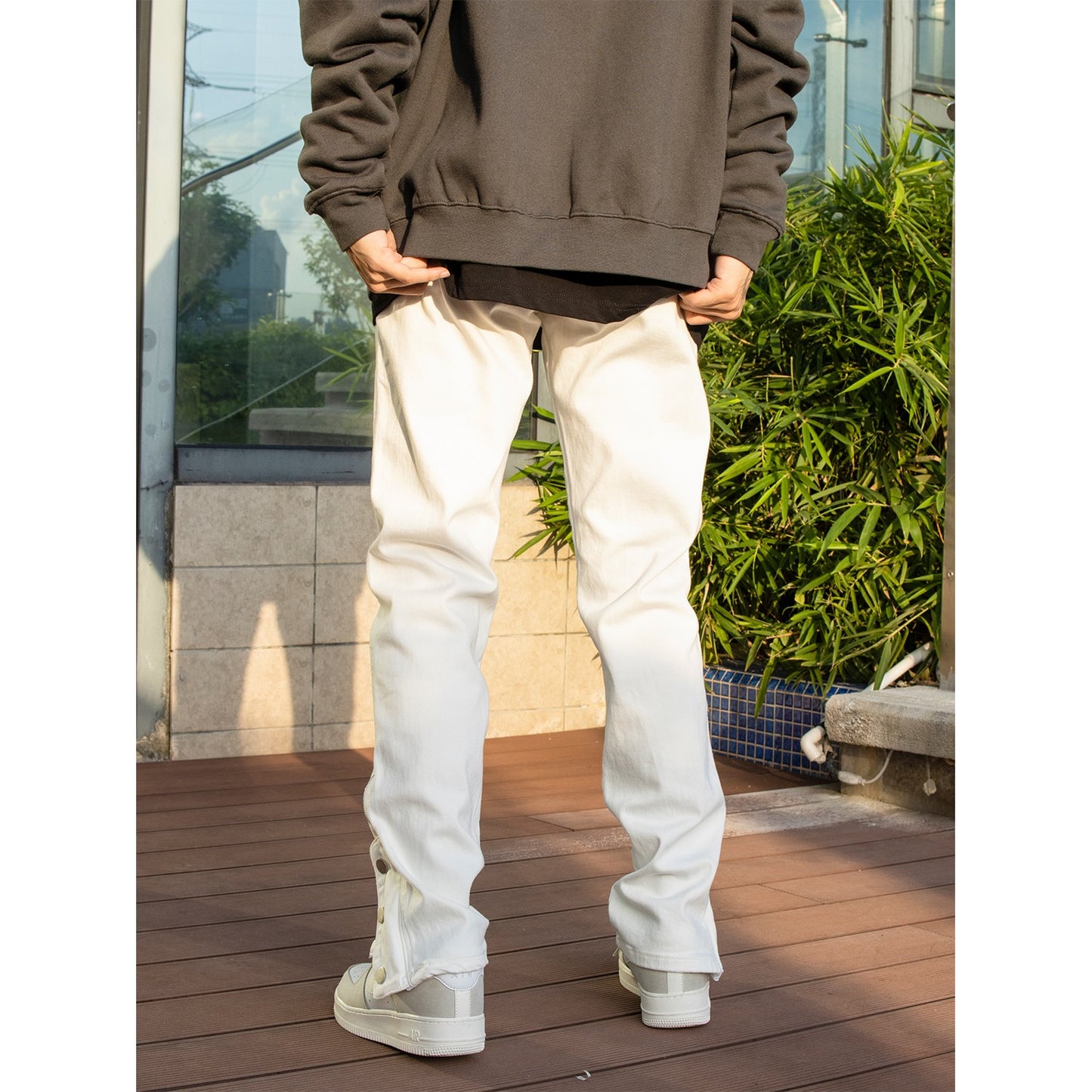 MT99 American high street jeans drape slim button pants trendy street white pants casual straight pants for men