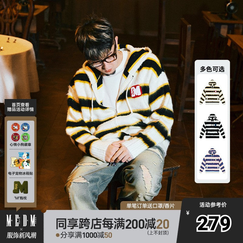 Medm three -color striped horse -haired hooded knitted cardigan sweater, men and women, autumn couple winter jackets