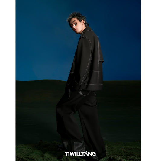 TIWILLTANG Qi Shi Lu &quot;Zhi Feng Ji Jing&quot; personalized design contrast line fold casual straight trousers