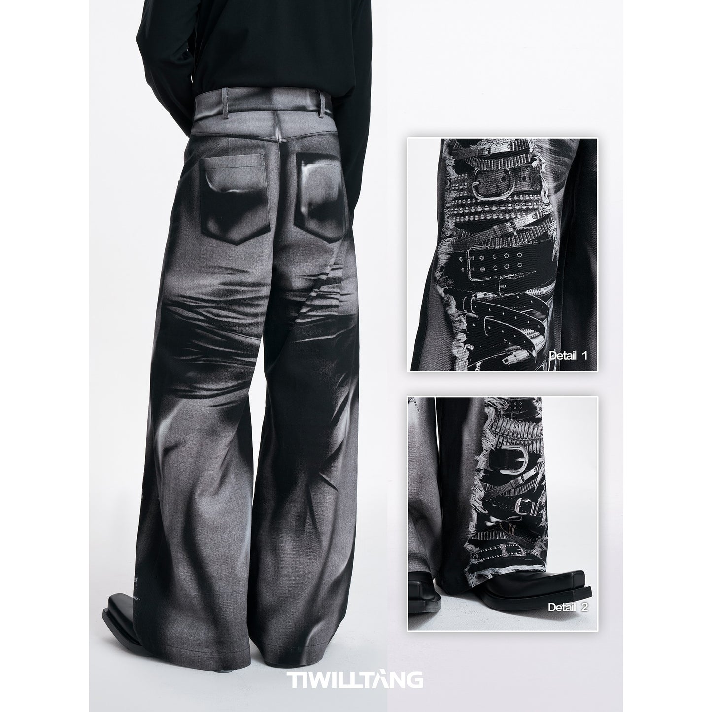 TIWILLTANG Qi Shi Lu &quot;Xie Huan Yan Yu&quot; original belt print trousers black denim wide-leg pants men