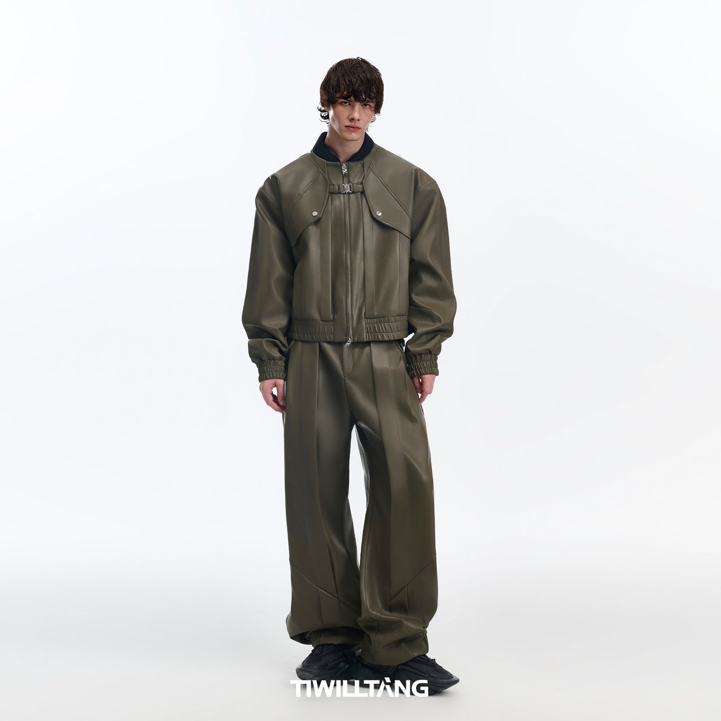 TIWILLTANG Qi Shi Lu &quot;Suede Light Arc&quot; Dislocation Loose-leaf Split Legs Pleated Leather Pants