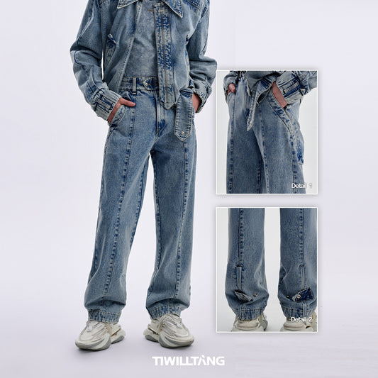 TIWILLTANG Qi Shi Lu &quot;Qin Yu Pleats&quot; Retro Washed Hem Casual Denim Straight Pants