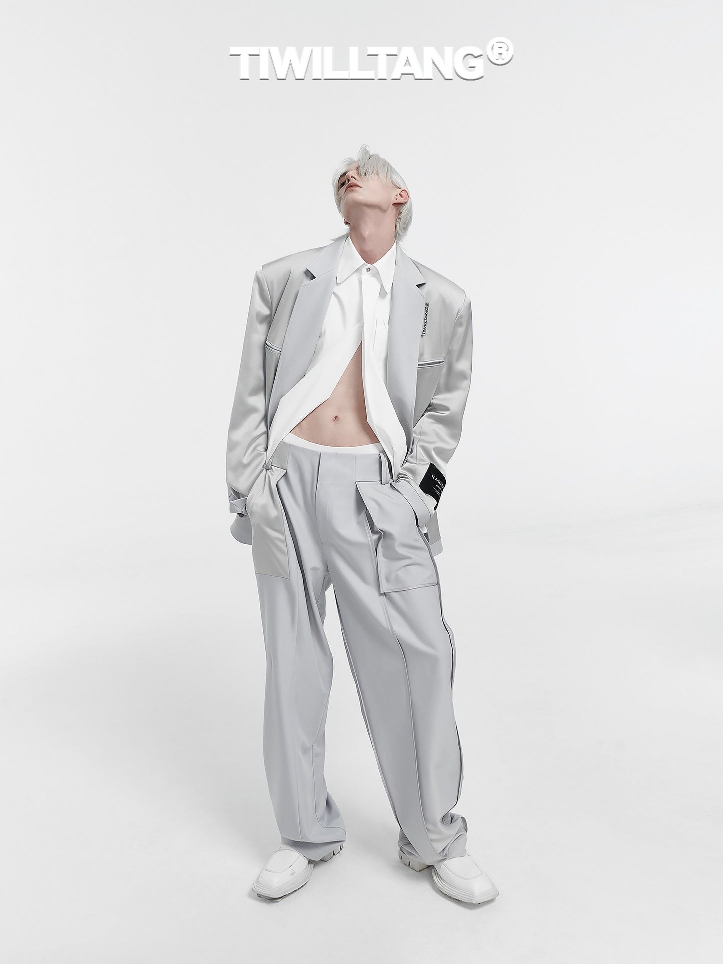 TIWILLTANG "Holy Sacrifice" Silver-grey satin stitching straight trousers