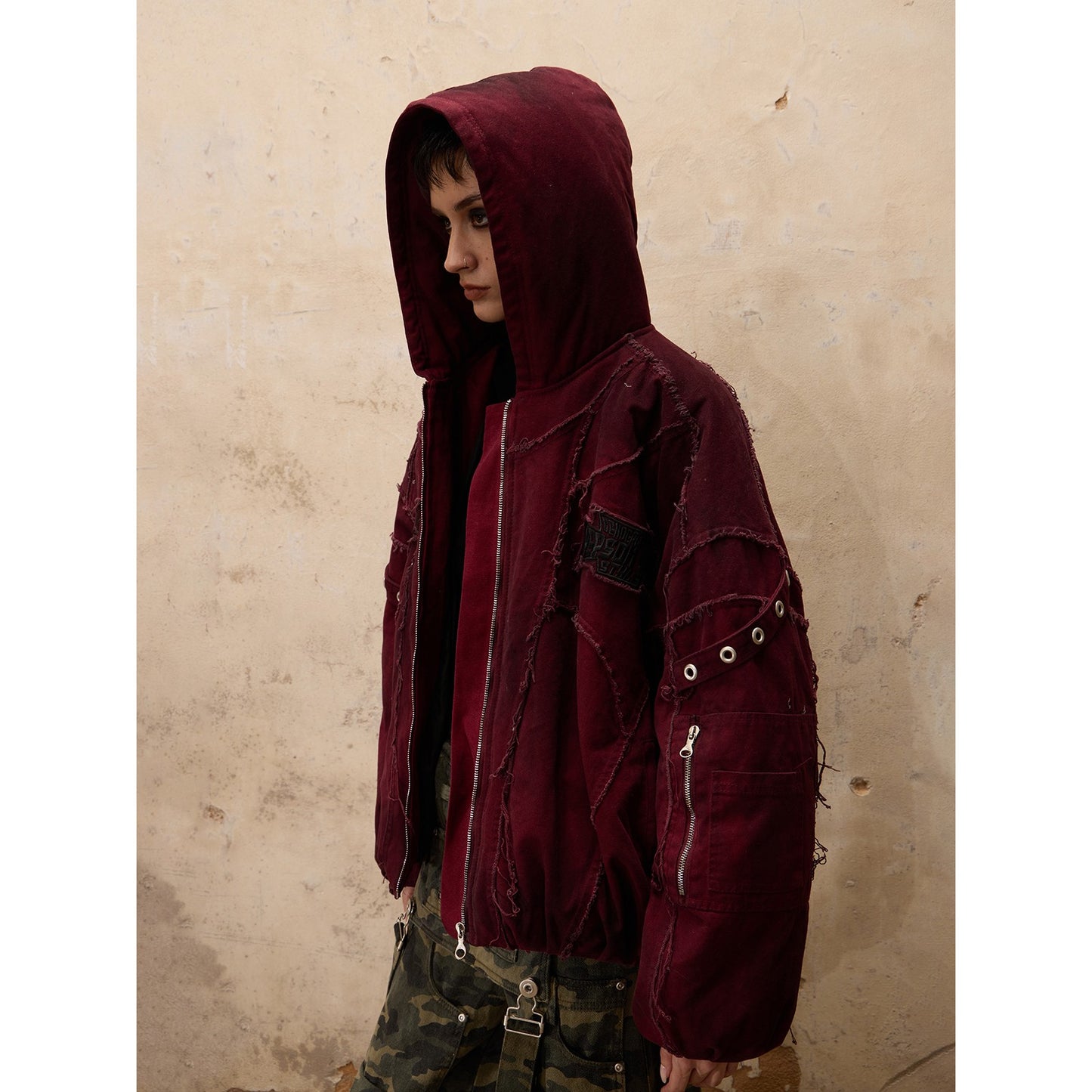 PERSONSOUL * Carving, Grinding, Staining, Hand Brushing, Hooded Cotton Jacket, Red/White, DirtyCoat