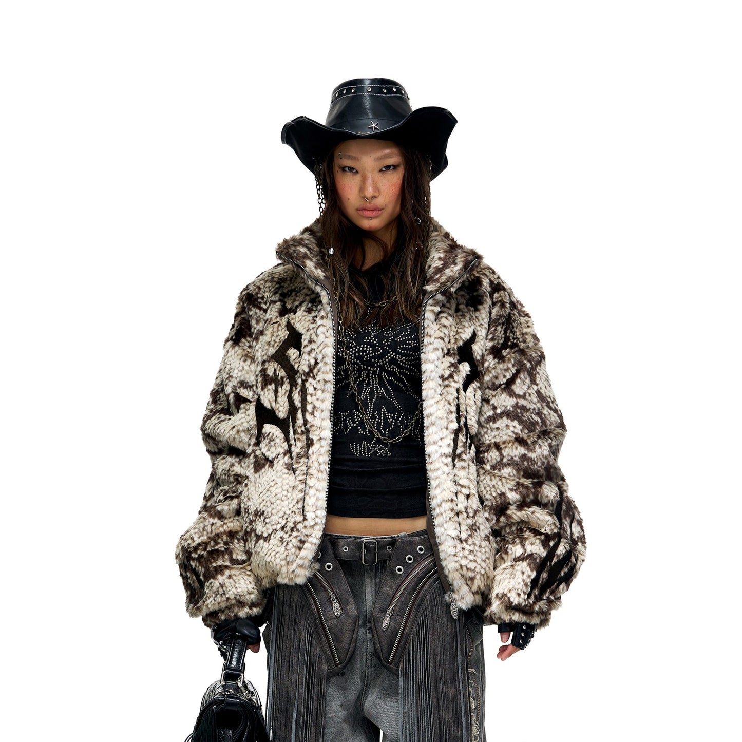 PERSONSOUL* Totem Embroidery Snake Print Faux Mink Feather Eco-friendly Fur Coat Plush Coat