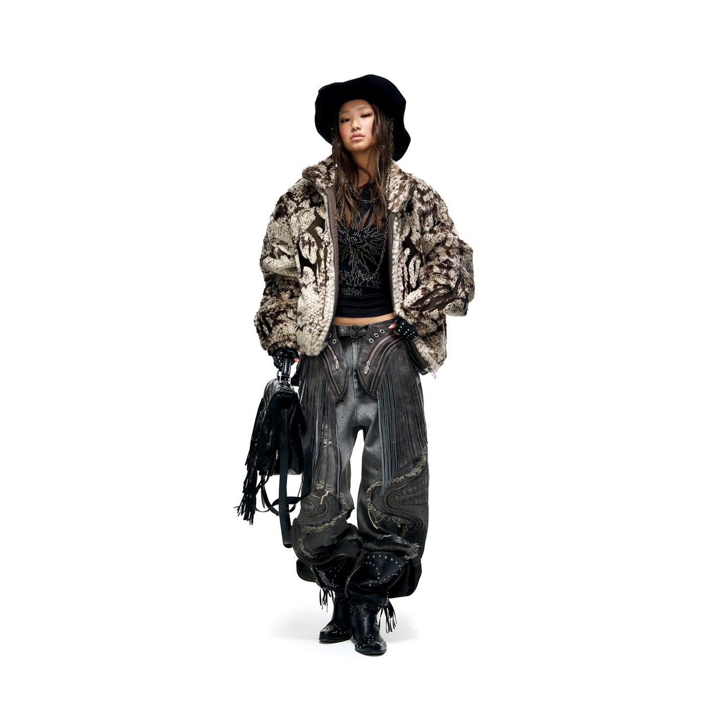 PERSONSOUL* Totem Embroidery Snake Print Faux Mink Feather Eco-friendly Fur Coat Plush Coat