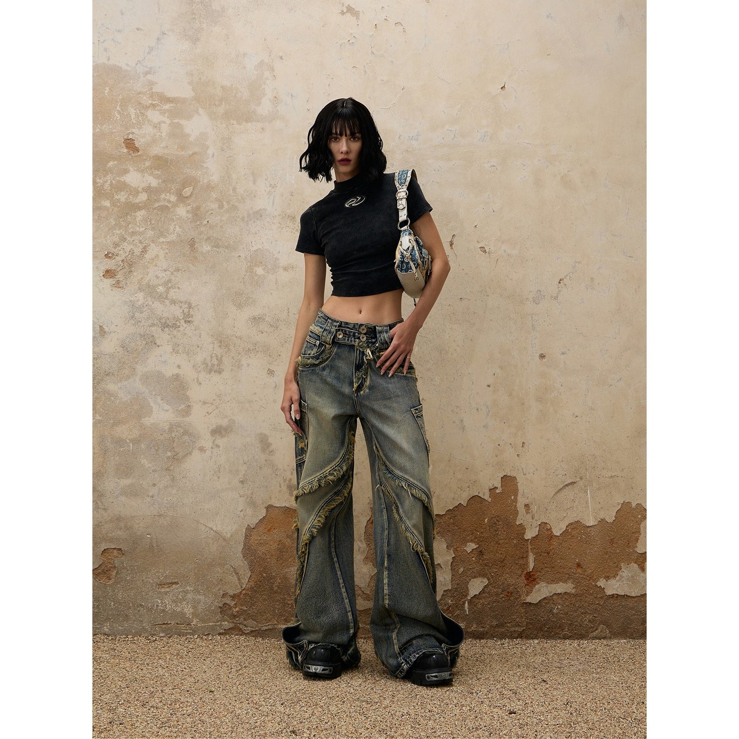 PERSONSOUL* Fluid structure stitching raw edge jeans Song Yuqi same style DestructiveJeans