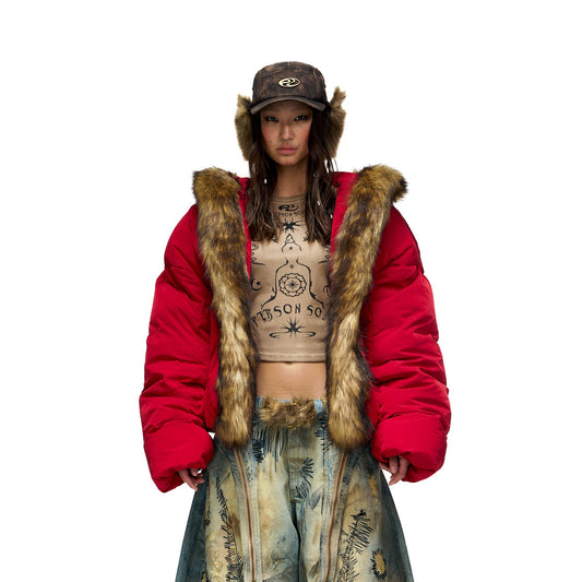 PERSONSOUL* Totem symbol embroidery fur collar hooded red down jacket Red Dowm Coat