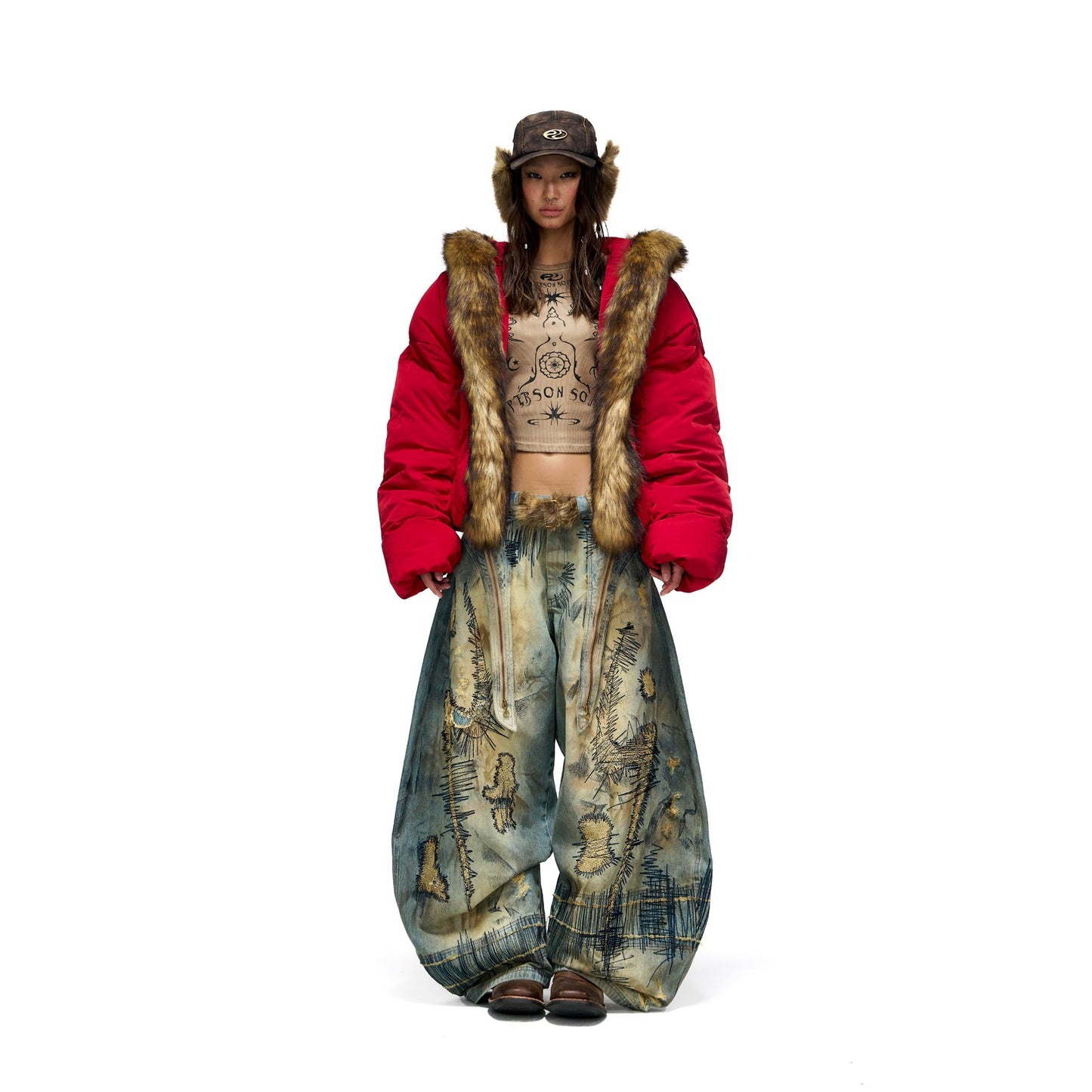 PERSONSOUL* Totem symbol embroidery fur collar hooded red down jacket Red Dowm Coat