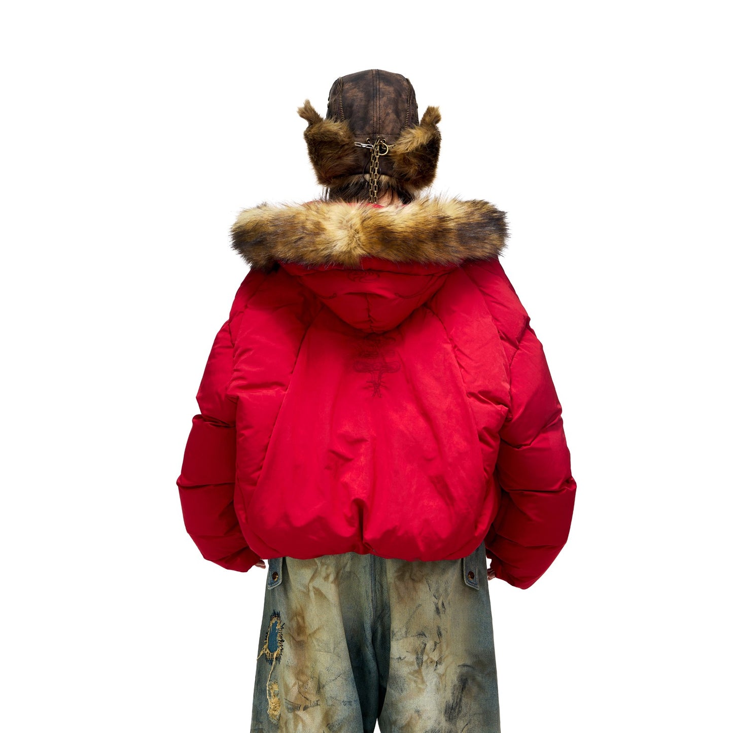 PERSONSOUL* Totem symbol embroidery fur collar hooded red down jacket Red Dowm Coat