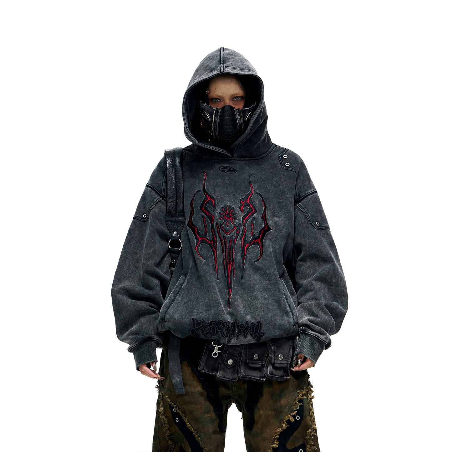 PERSONSOUL* Totem 3D Embroidery Washed Distressed Hoodie Gray Heavyweight Sweater Totem Hoodie