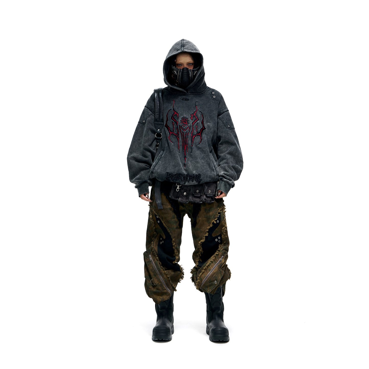 PERSONSOUL* Totem 3D Embroidery Washed Distressed Hoodie Gray Heavyweight Sweater Totem Hoodie