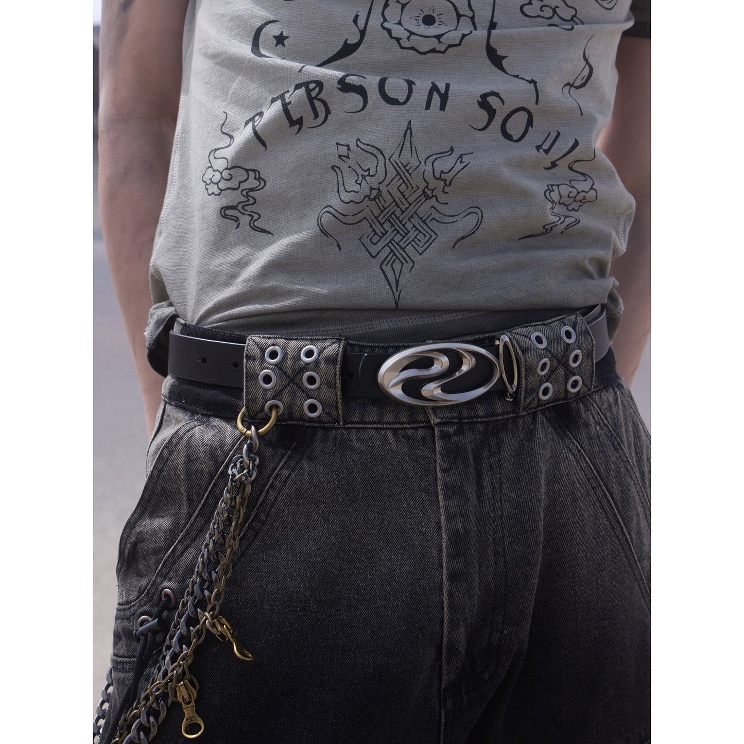 PERSONSOUL* Meta symbol matte silver plated distressed top layer cowhide belt Leather Belt