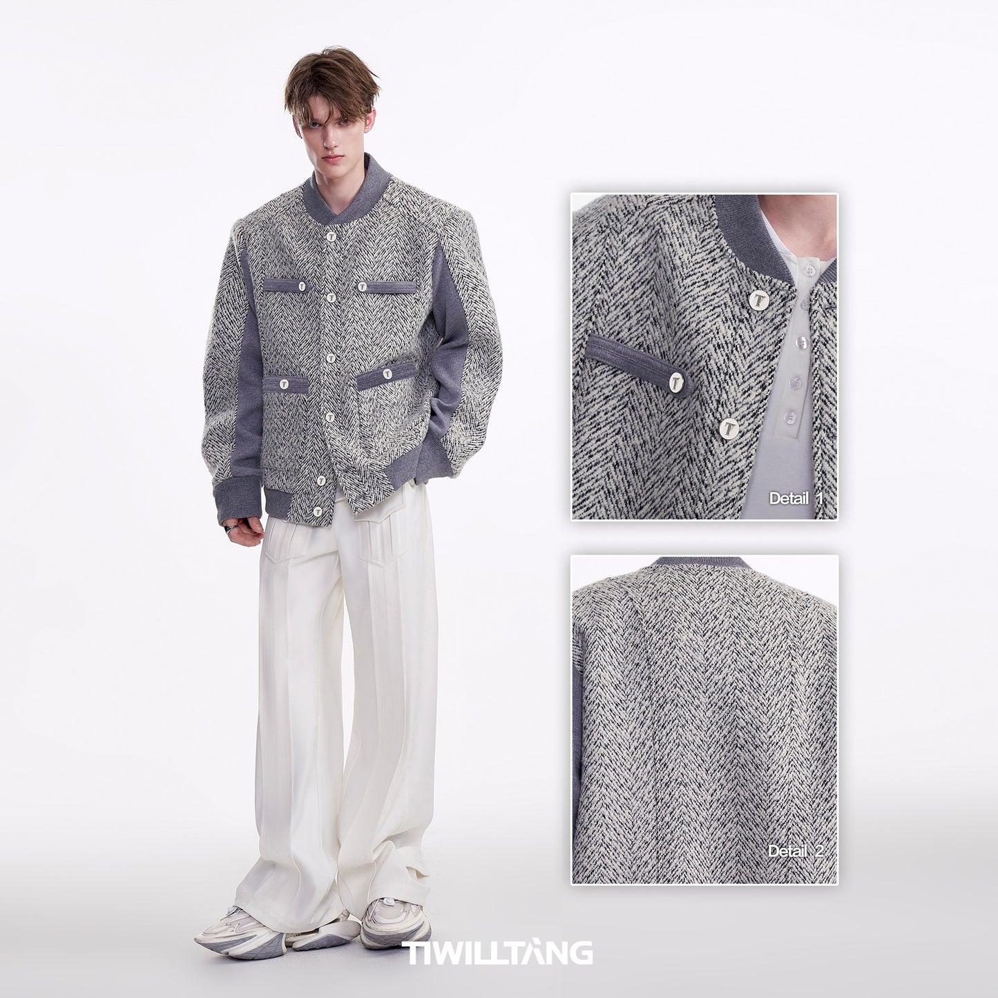 TIWILLTANG Qishilu &quot;Nijiyunyu&quot; high-intelligence classic tweed splicing autumn and winter jacket for men