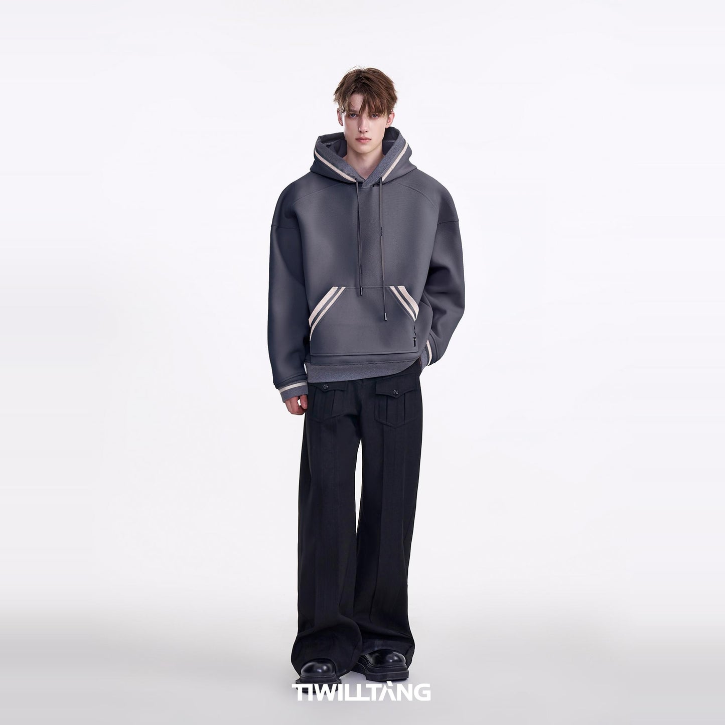 TIWILLTANG Qi Shi Lu &quot;Xi Yi Xi Ge&quot; hooded loose plus velvet fine grid ribbed collar casual sweatshirt