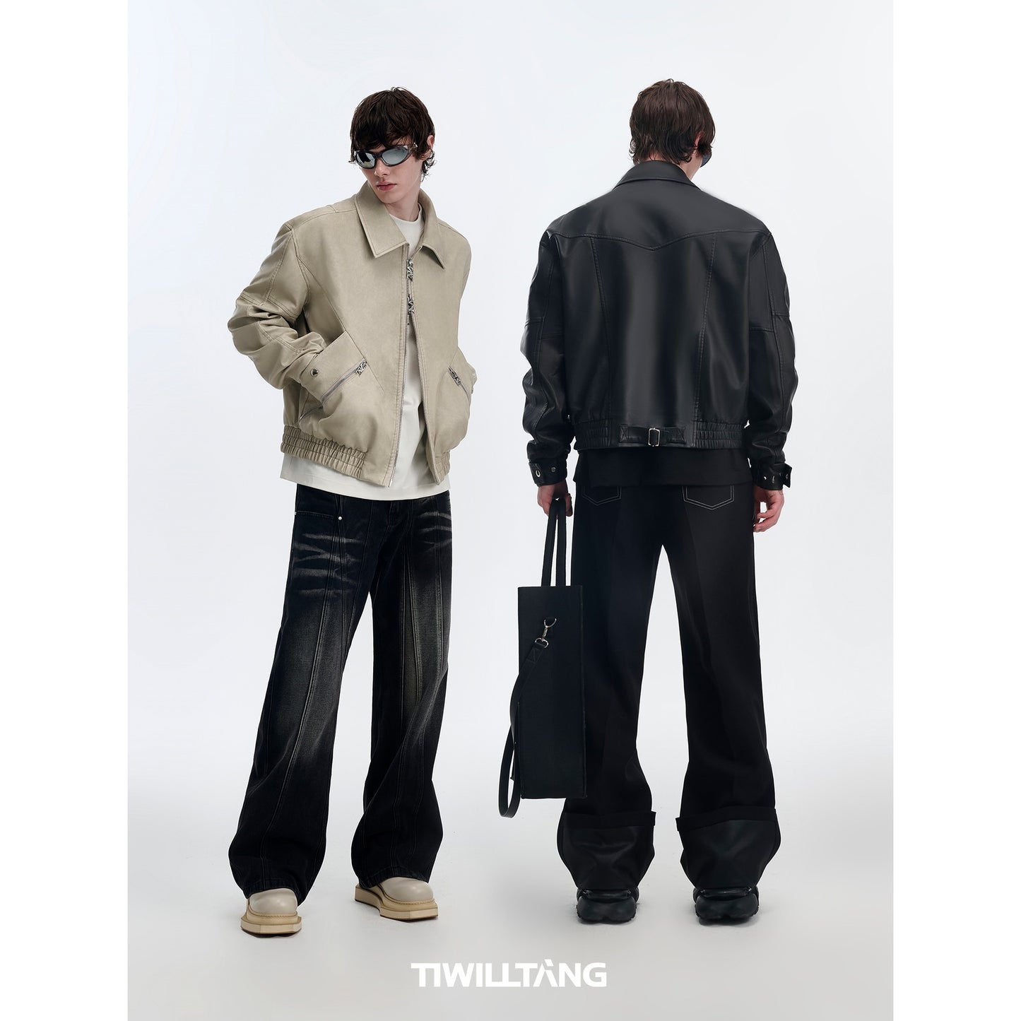 TIWILLTANG &quot;Fading&quot; structure split double pocket sliced lapel leather jacket