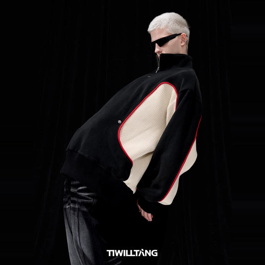 TIWILLTANG Qi Shi Lu &quot;Blue Day Tide&quot; grain velvet contrast color stitching different material hem ribbed sweatshirt