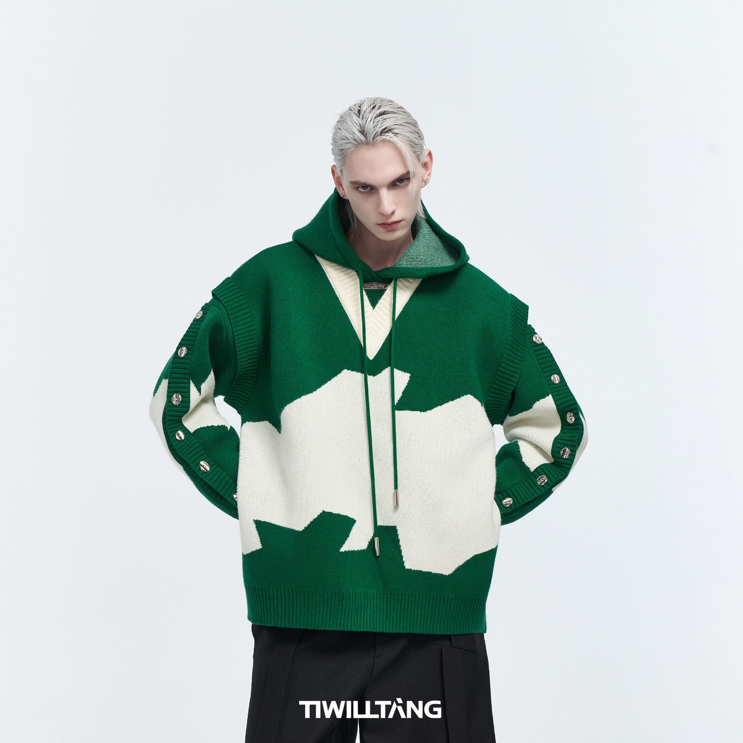 TIWILLTANG Qishilu &quot;Yaojuxingyu&quot; fake two-piece embroidered hooded knitted sweater jacket men's winter