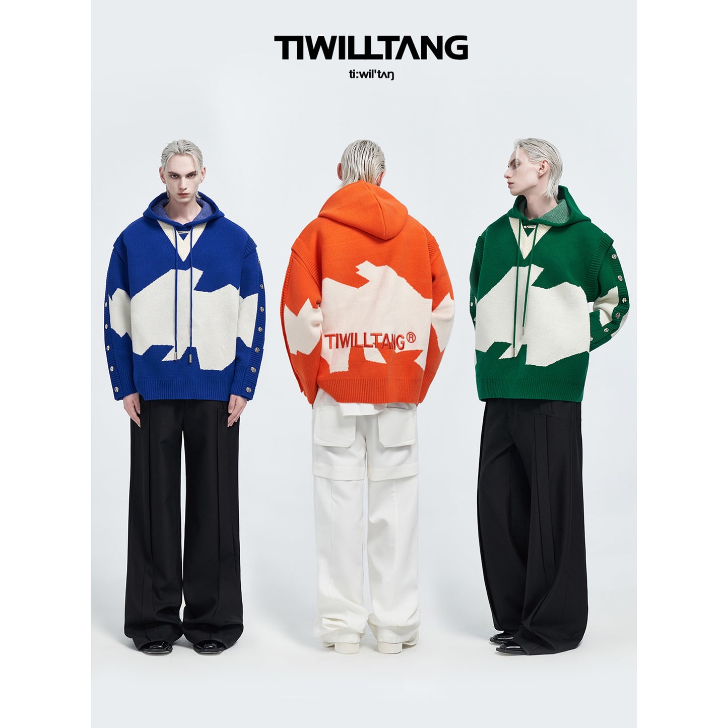 TIWILLTANG Qishilu &quot;Yaojuxingyu&quot; fake two-piece embroidered hooded knitted sweater jacket men's winter