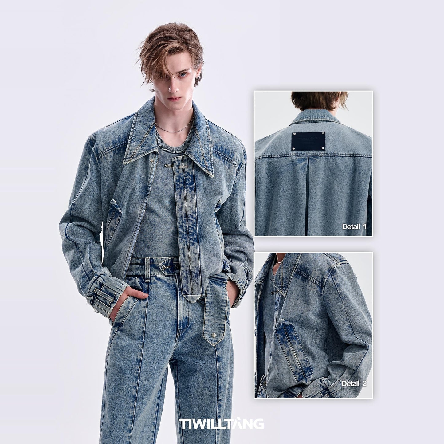 TIWILLTANG Qi Shi Lu &quot;Casting Stifling Wings&quot; Retro Washed Triangle Hem Lapel Denim Jacket