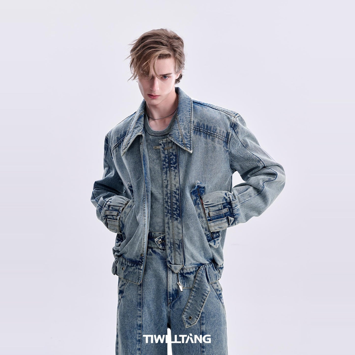 TIWILLTANG Qi Shi Lu &quot;Casting Stifling Wings&quot; Retro Washed Triangle Hem Lapel Denim Jacket