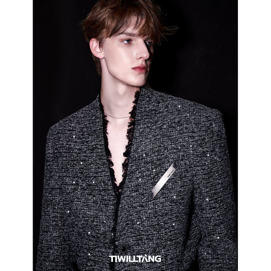 TIWLLTANG Qi Shi Lu &quot;Sang Hu Zhi Ye&quot; handmade floral yarn brushed arc stand collar tweed suit