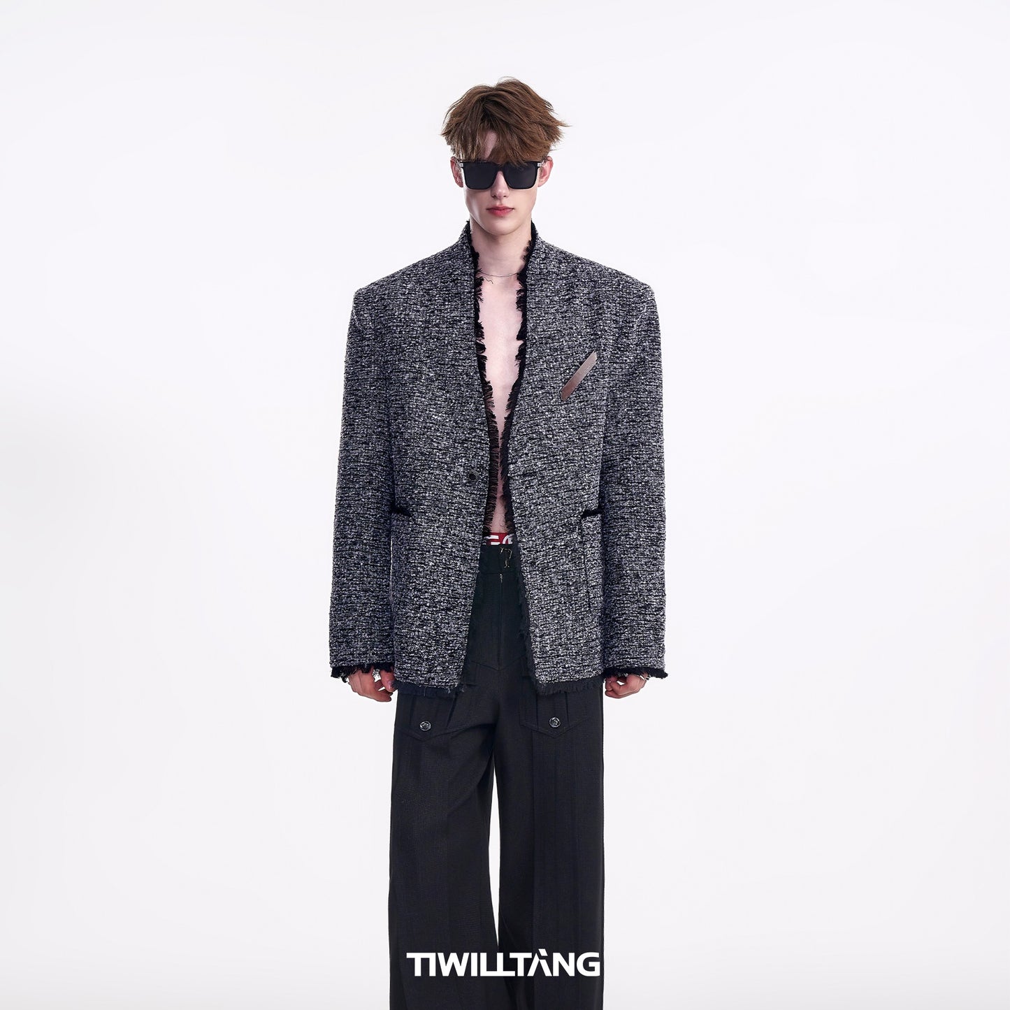 TIWLLTANG Qi Shi Lu &quot;Sang Hu Zhi Ye&quot; handmade floral yarn brushed arc stand collar tweed suit