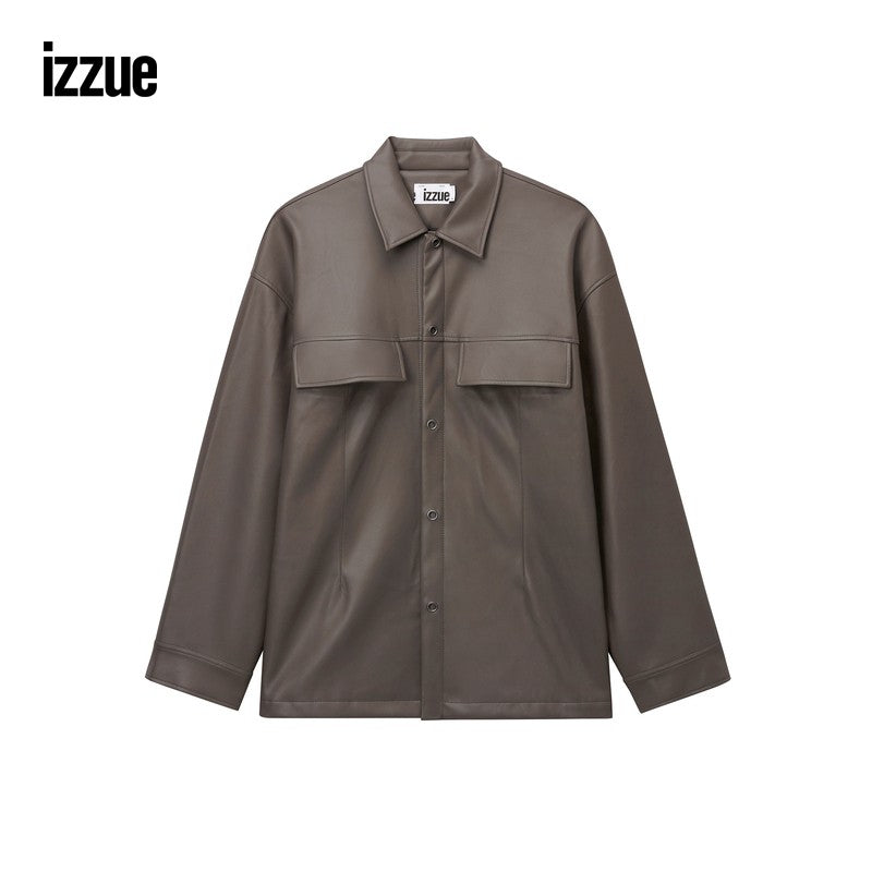 izzue men's leather lapel jacket 2024 autumn new style handsome trend PU leather jacket 7130F