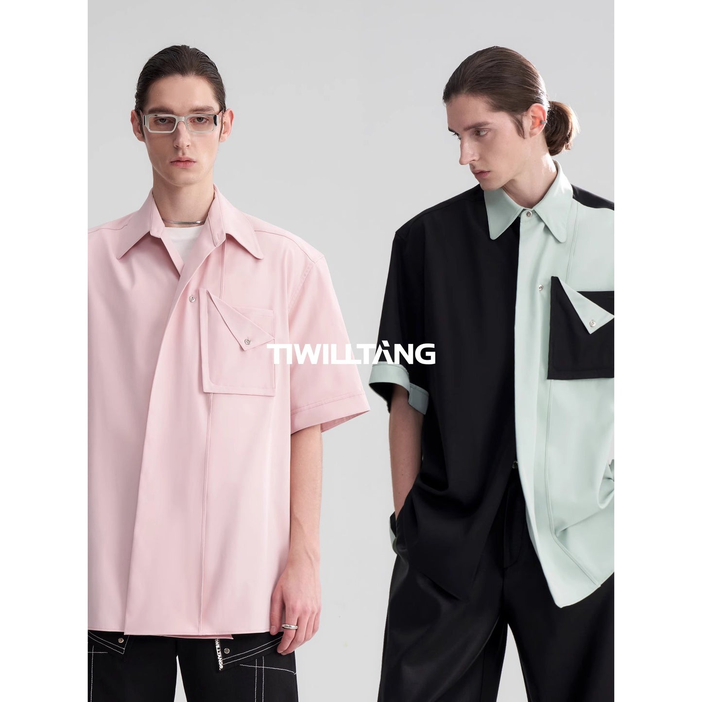 TIWILLTANG Qishilu &quot;Holy Trace Juexi&quot; three-dimensional placket short-sleeved black and white top loose shirt men's summer