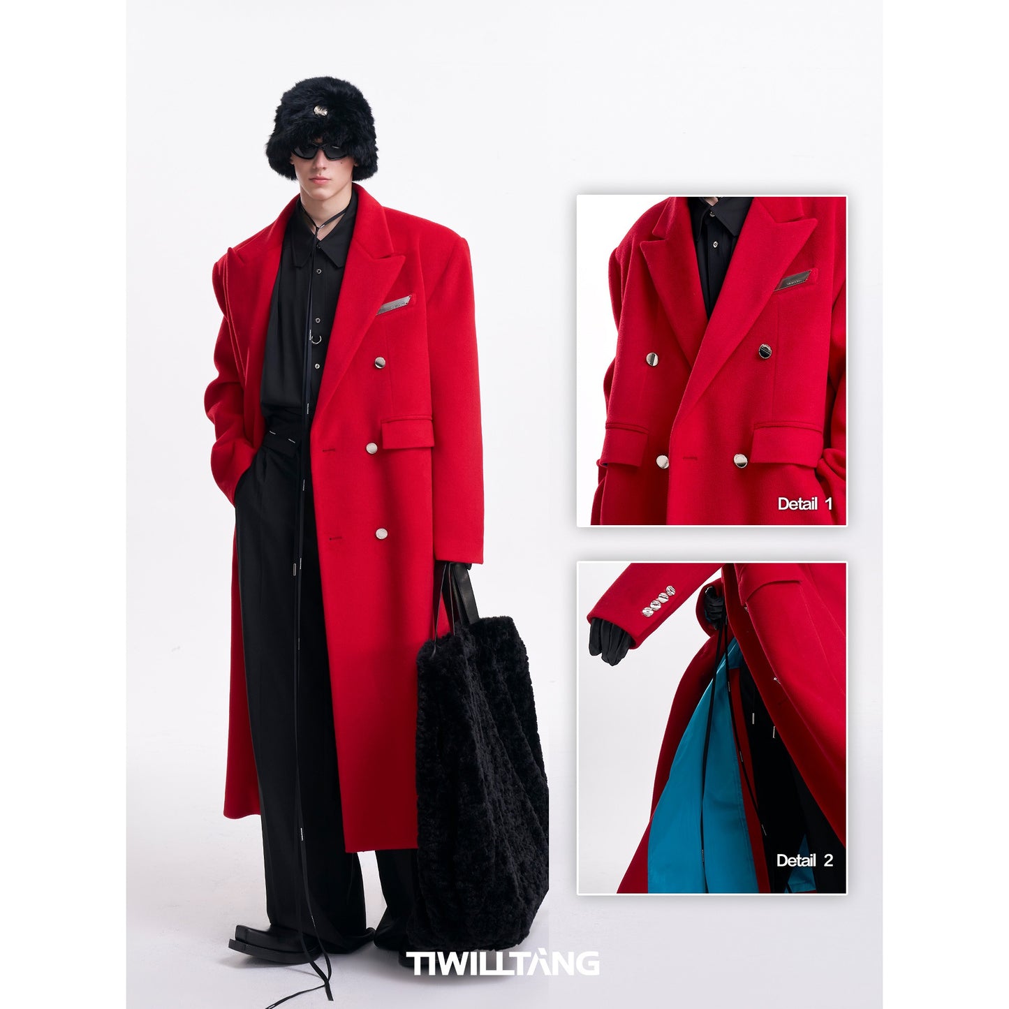 TIWILLTANG Qi Shi Lu &quot;Wind and Mountain Mist&quot; metal label red mid-length autumn and winter woolen coat for men