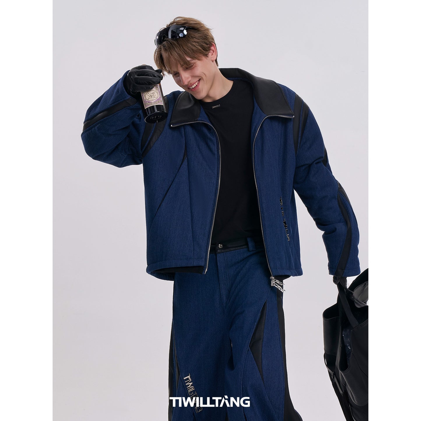 TIWILLTANG Qishilu &quot;Cutting Domain Chain Shadow&quot; Finale Denim Structured Leather Warm Casual Cotton Jacket