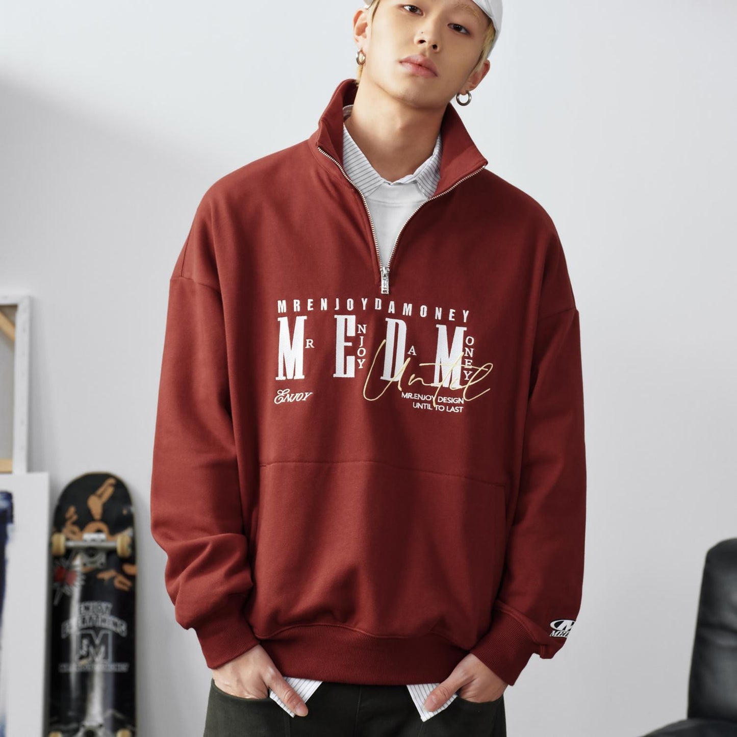 MEDM25SS half zipper embroidered sweatshirt men's 2025 spring new American hip loose high collar top autumn and winter