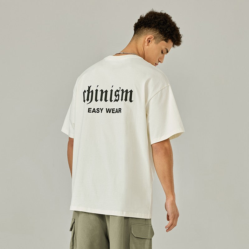 CHINISM Chichen Letter Short Sleeve T-shirt Men's Trendy Loose American Fashion Brand Summer Casual Washed Half Sleeve