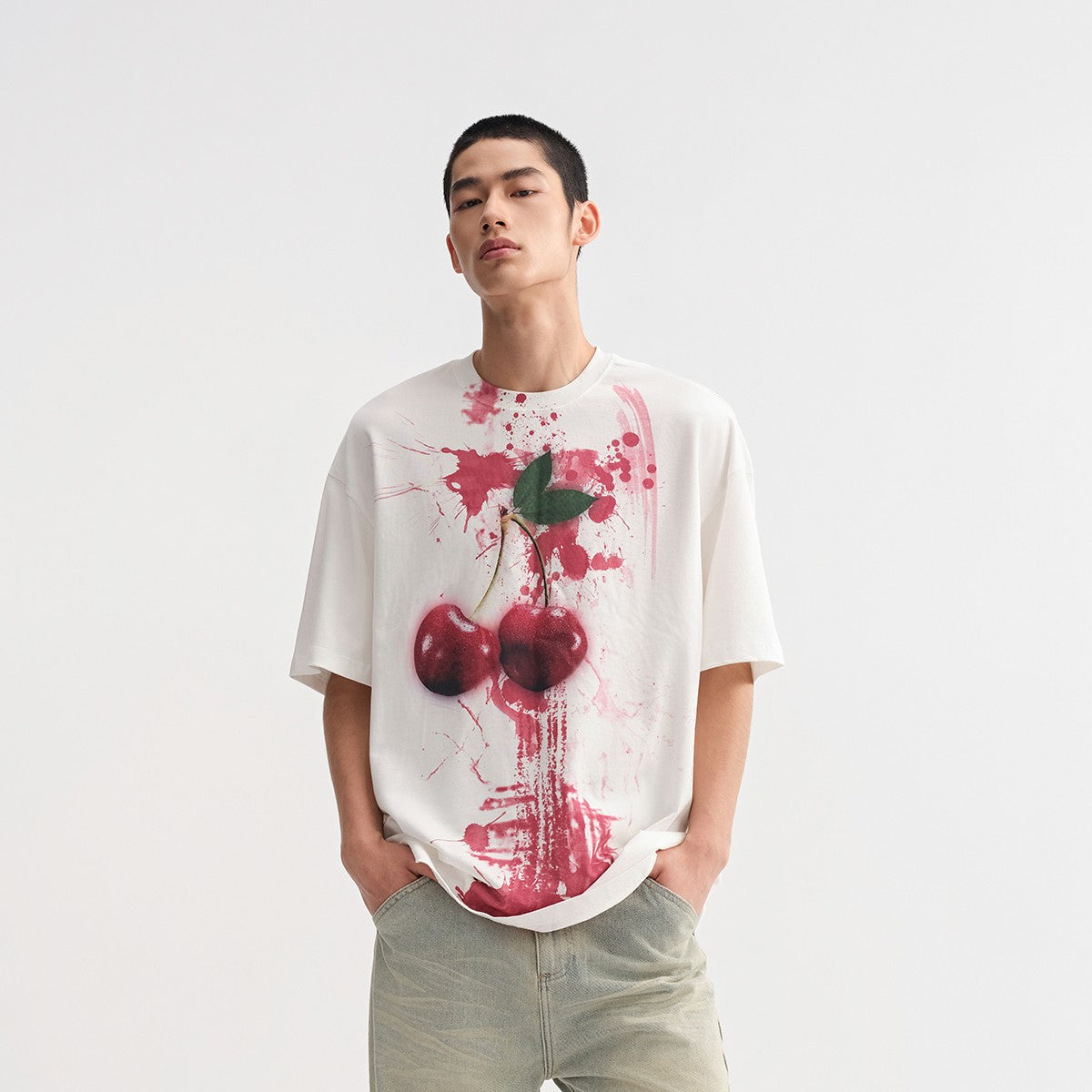 CHINISM Red Dust Cherry Printed Cotton Short-Sleeved T-Shirt Men's Summer New American Heavy Half-Sleeved Top