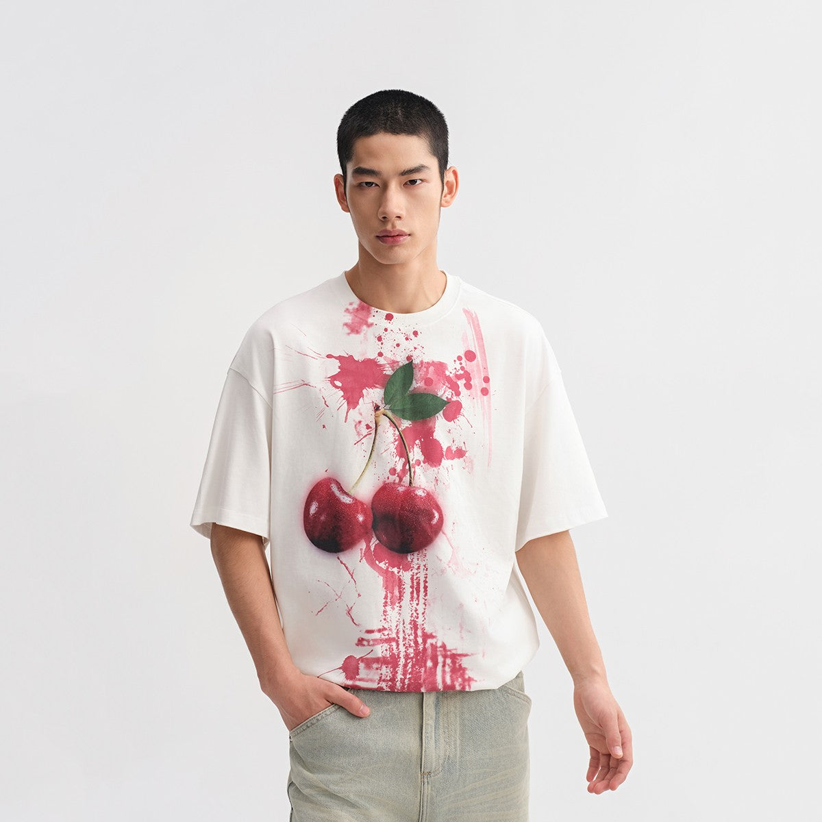 CHINISM Red Dust Cherry Printed Cotton Short-Sleeved T-Shirt Men's Summer New American Heavy Half-Sleeved Top