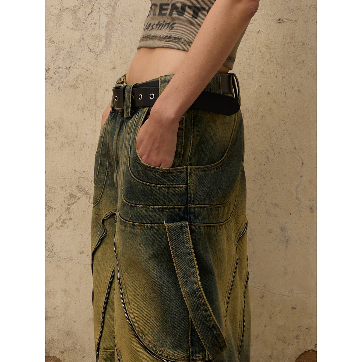 PERSONSOUL* Bud structure distressed oxidized faded jeans with heavy stitching Dirty Jeans