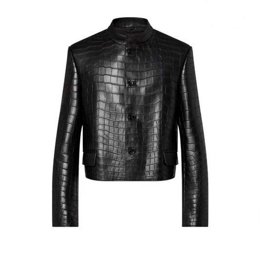 TrendMaybe &quot;New Chinese Style&quot; Zhongshan Suit Men's Cool Crocodile Pattern Sheepskin Jacket Stand Collar Genuine Leather Short Coat