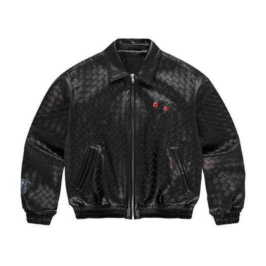 TrendMaybe&quot;Woven Leather Varsity&quot; Leather Braided Leather Jacket Dice Leather Coat