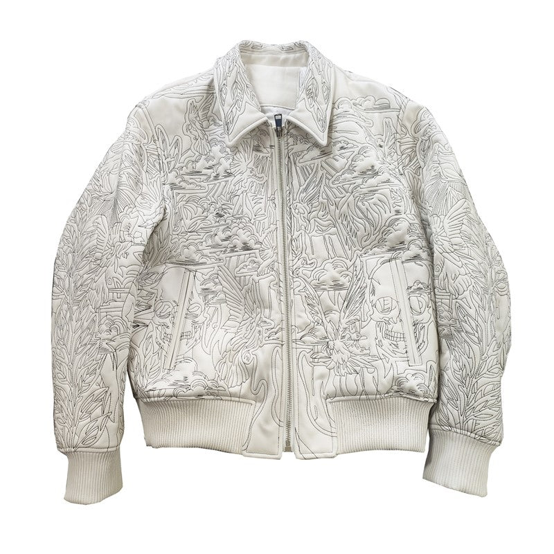 TrendMaybe&quot;THE WORLD&quot; Devil embroidered pilot leather jacket lapel baseball jacket leather coat