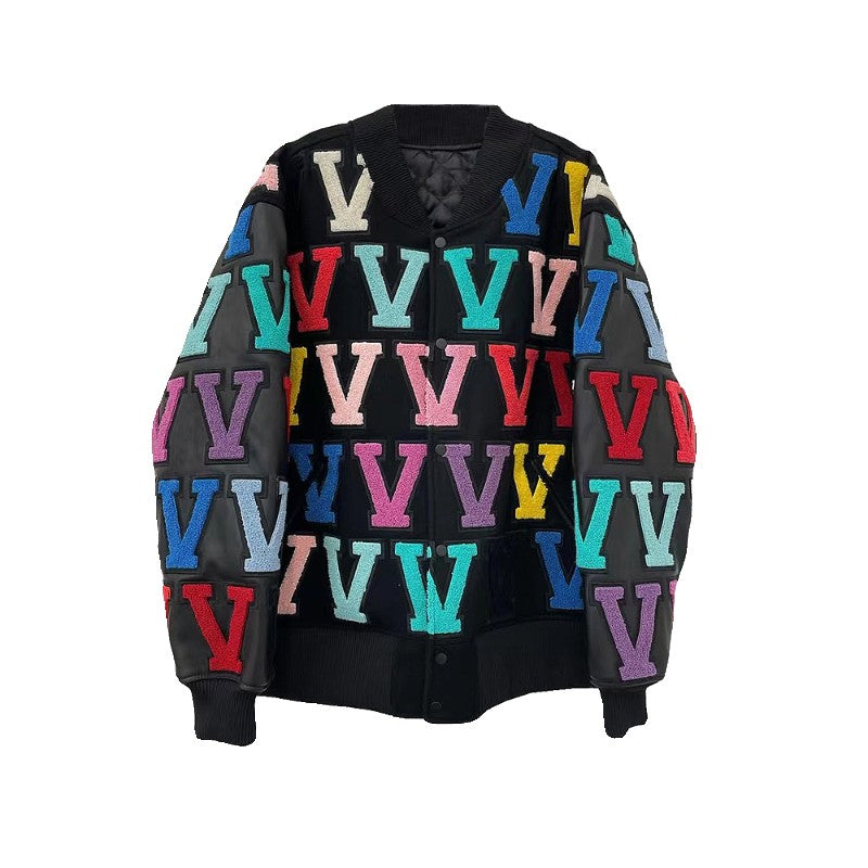 TrendMaybe &quot;EXCLUSIVE&quot; colorful V-shaped pattern leather and cashmere embroidered baseball jacket