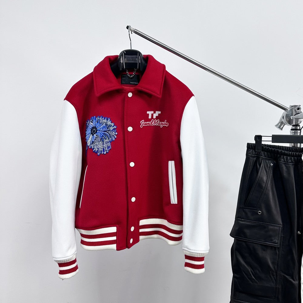 TrendMaybe &quot;all-round&quot; LOGO embroidered baseball jacket waisted flight suit wool and cowhide jacket