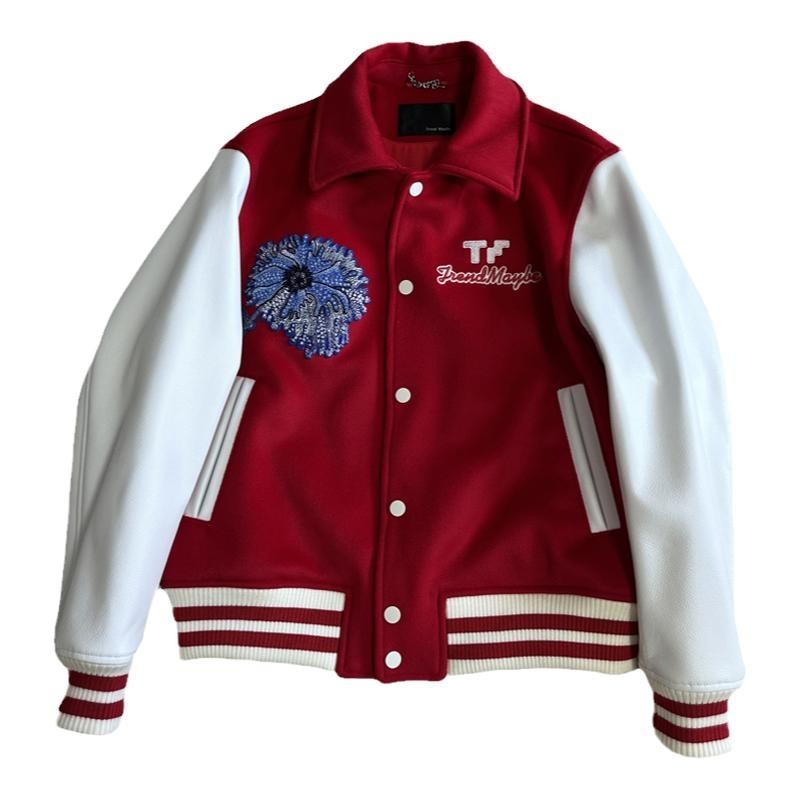 TrendMaybe &quot;all-round&quot; LOGO embroidered baseball jacket waisted flight suit wool and cowhide jacket