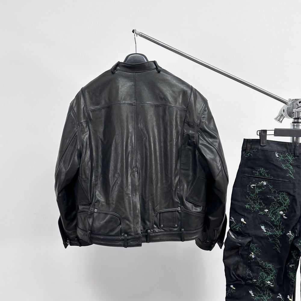 TrendMaybe &quot;3D Cut&quot; deconstructed denim pockets vegetable tanned leather jacket stand collar silhouette motorcycle leather jacket