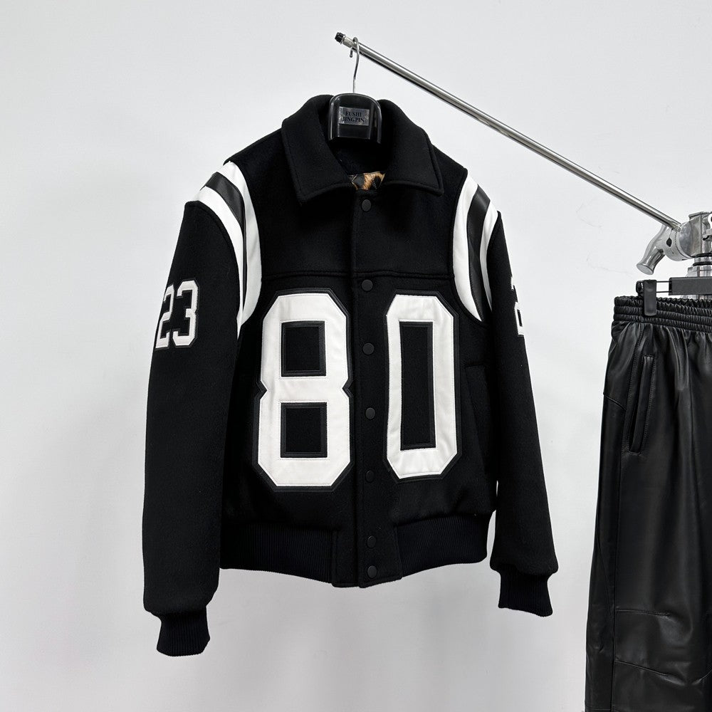 TrendMaybe &quot;wool varsity&quot; number 80 genuine leather embroidered wool baseball jacket couple coat